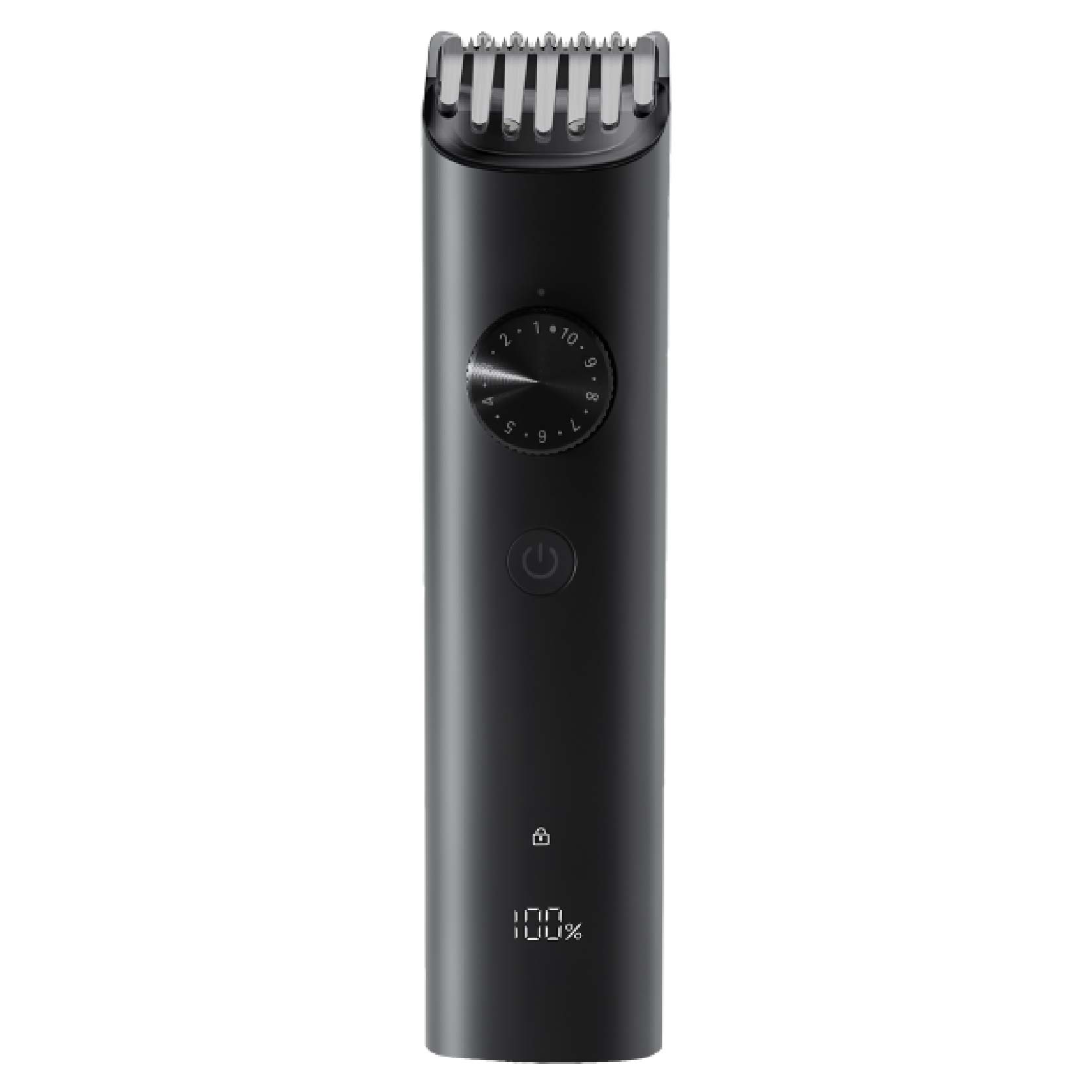 Black Xiaomi grooming trimmer with a sleek design, adjustable dial for length settings, LED battery indicator, and a USB charging port, suitable for men and travel.
