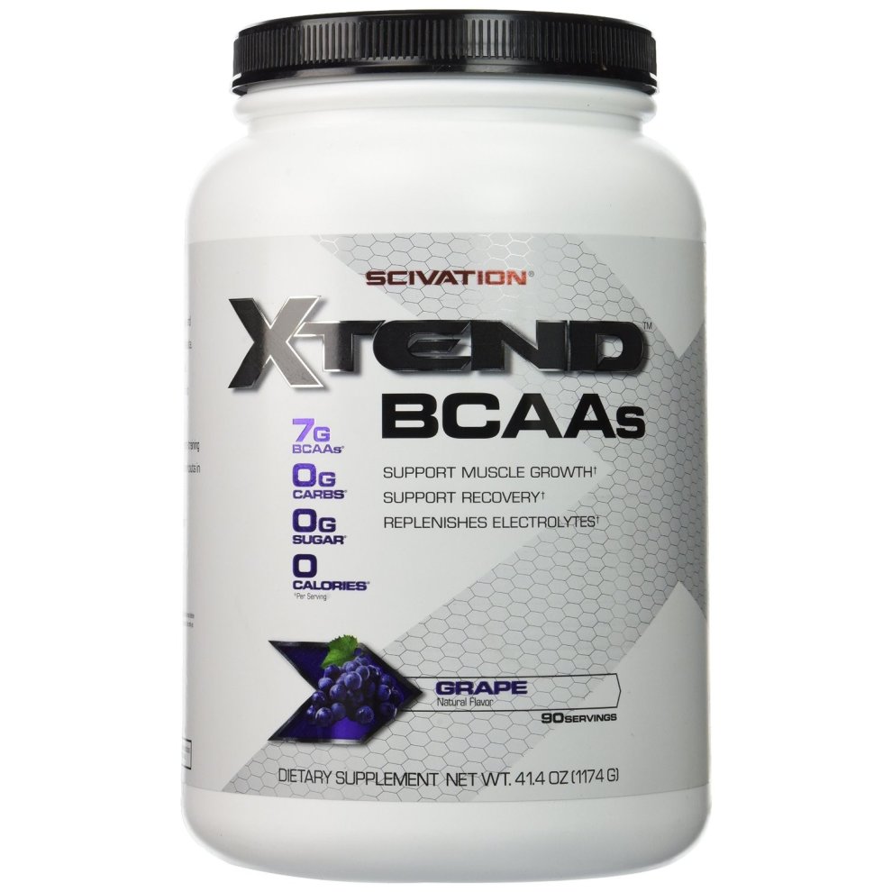 White container with a black and blue label, featuring "XTEND BCAA" prominently, 90 servings, 1.32kg, and flavor "Blue Raspberry Ice" displayed clearly.