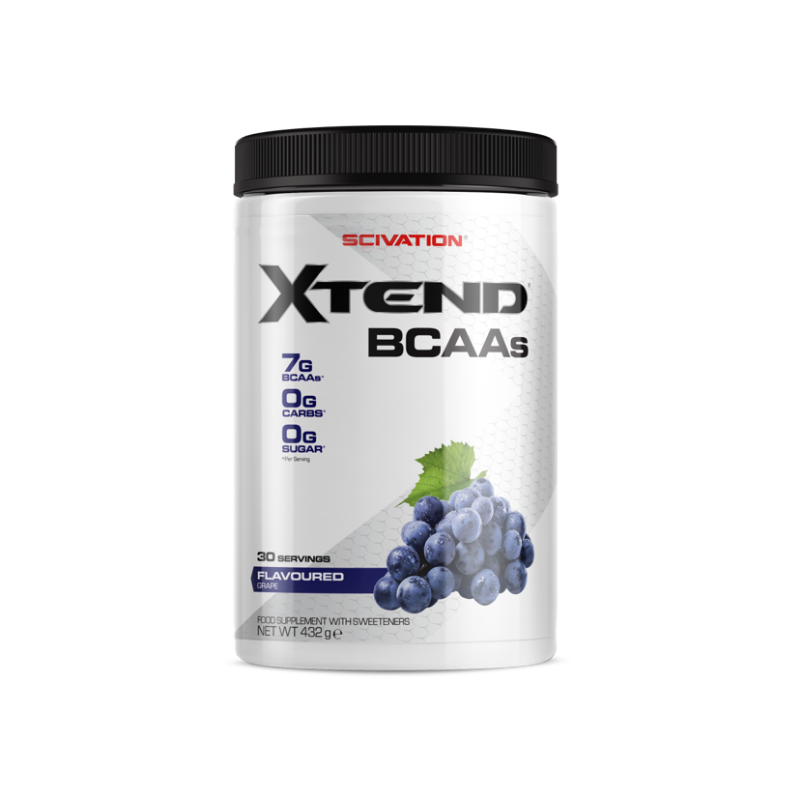 White container with a black lid, labeled "Sci-Vation XTEND BCAA," featuring a blue and white design, highlighting "30 Servings" and "Mango Madness" flavor, with a grape illustration.