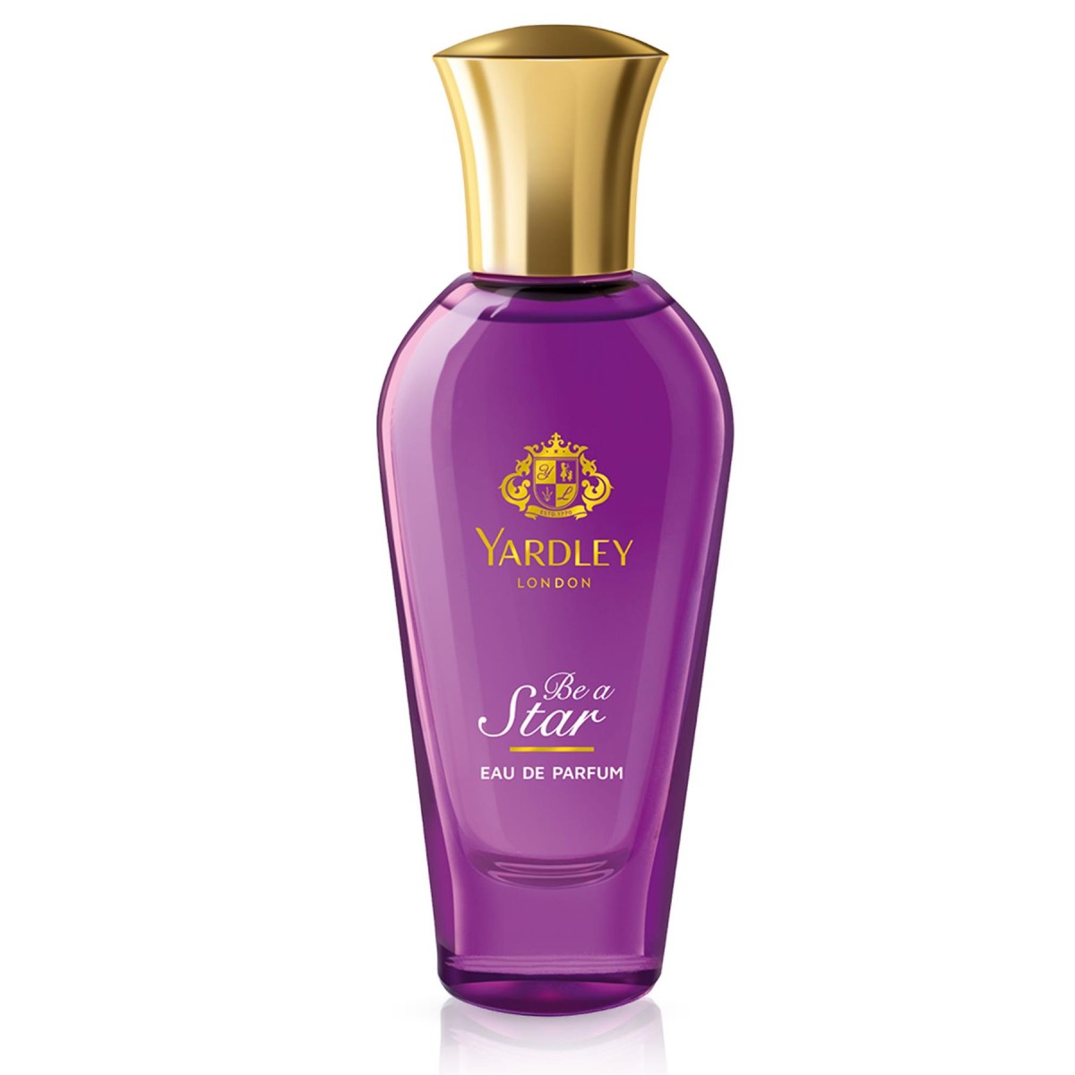 Purple glass bottle with a gold cap, featuring the text "Yardley London Be a Star Eau De Parfum" in white, elegantly shaped for a luxurious appearance.