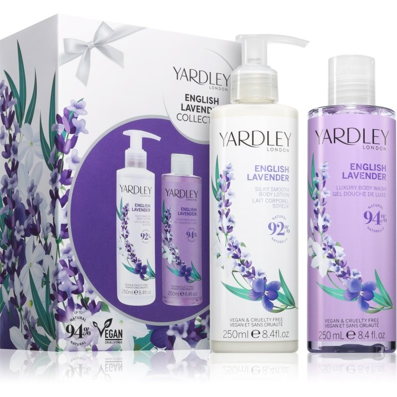 Yardley English Lavender Gift Set featuring a lavender-themed box, includes a 250ml body wash and a 250ml body lotion, both in elegant lavender packaging.