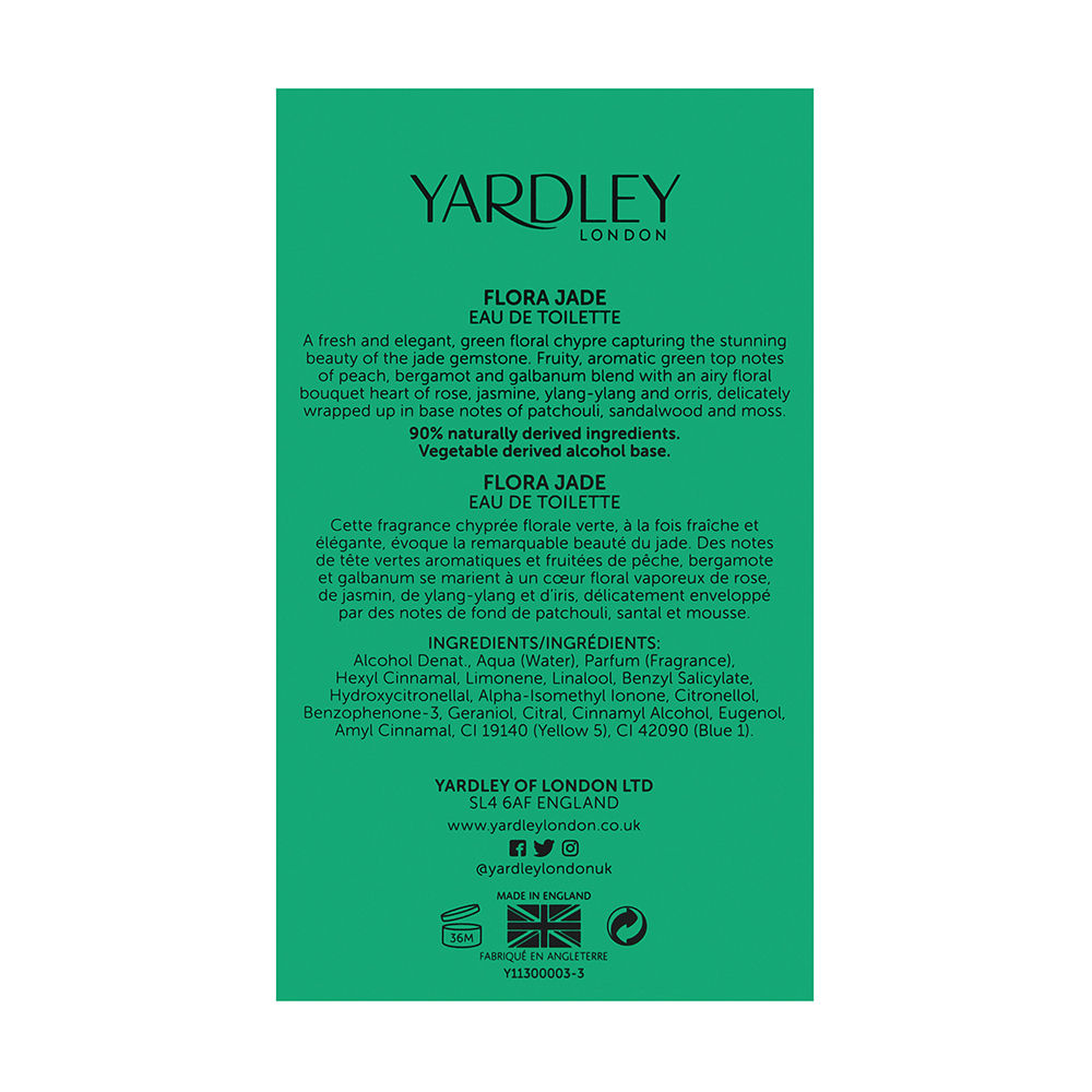 Green and white packaging for Yardley Flora Jade Eau De Toilette, featuring floral designs, product details, and ingredients on the back, with a 50ml capacity.
