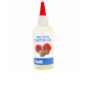 Clear plastic bottle of 100% Pure Castor Oil by Yari Naturals, featuring a red nozzle cap and a blue label with images of castor beans and seeds.