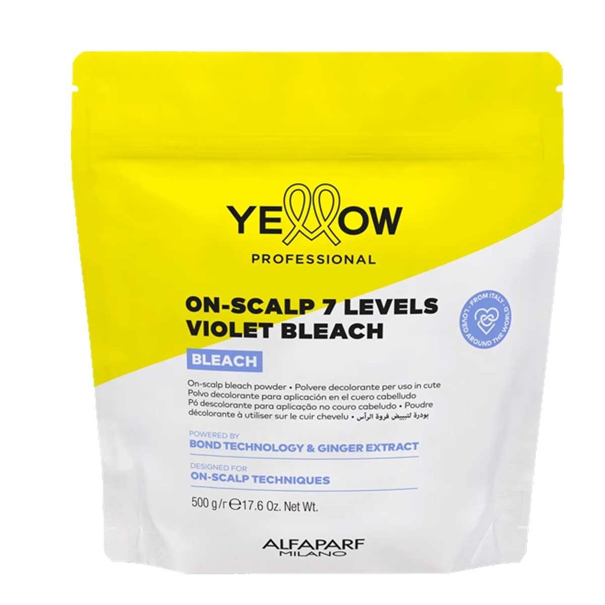 Yellow powder bleach packaging featuring a bright yellow top with black text, labeled "ON-SCALP 7 LEVELS VIOLET BLEACH," containing 500 grams, by Alfaparf Professional.