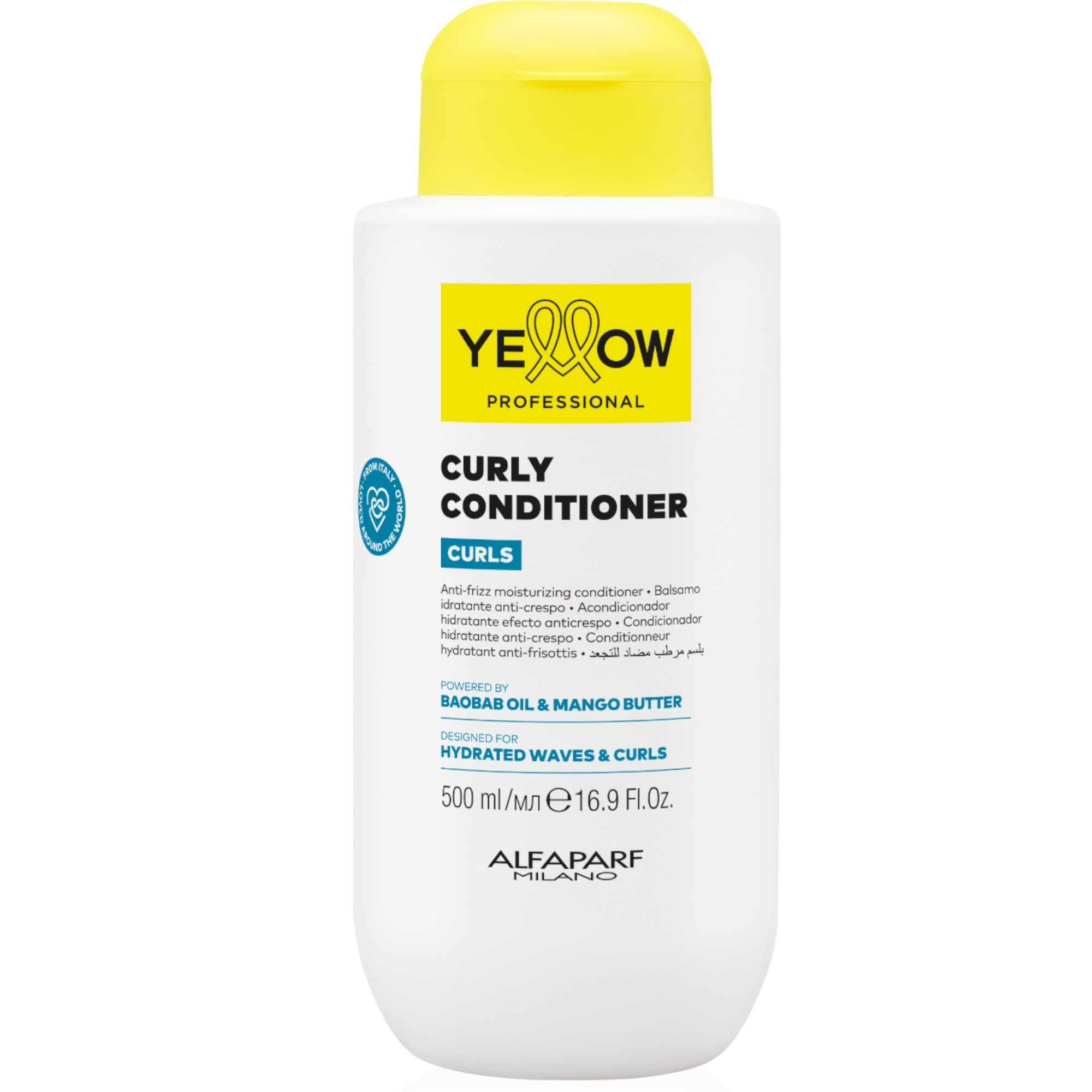 Yellow Curl Balsamo per Capelli features a white bottle with a bright yellow cap, labeled with product details and ingredients like baobab oil and mango butter for curly hair care.