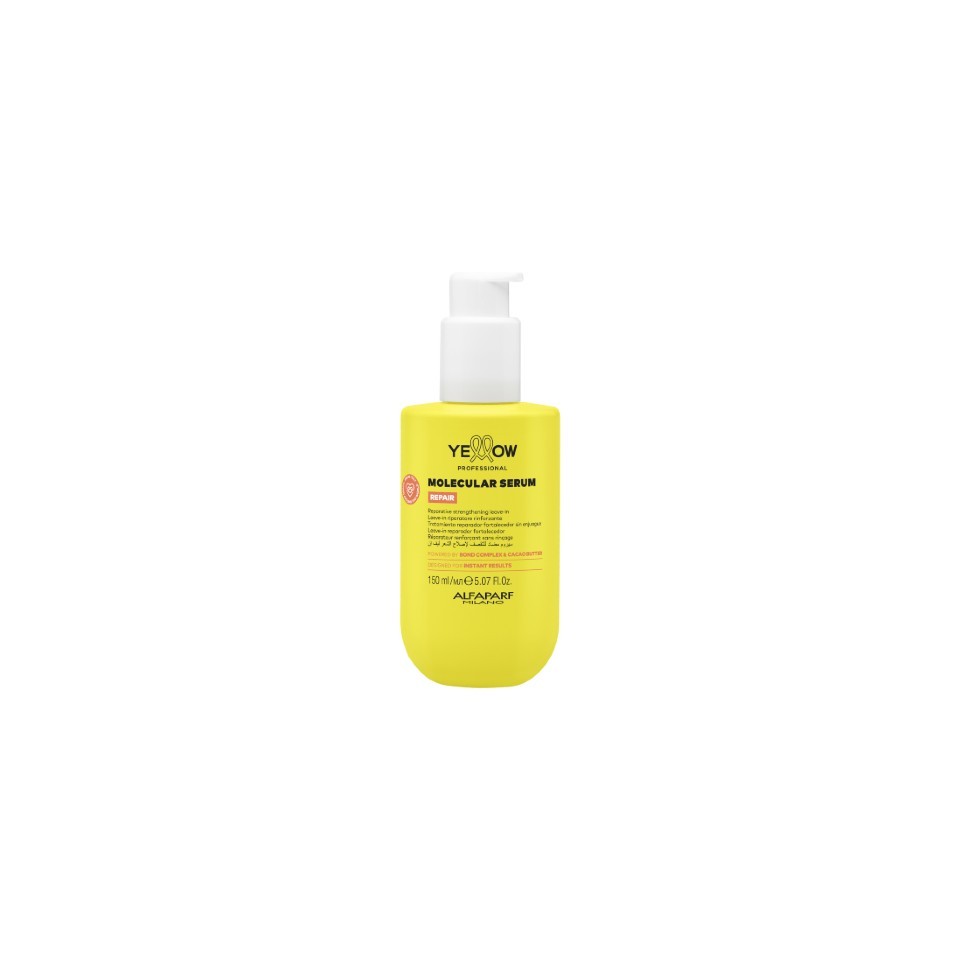 Bright yellow bottle with a white pump dispenser, labeled "Molecular Repair Serum" by Yellow Professional, 150 ml, featuring product details in black text.