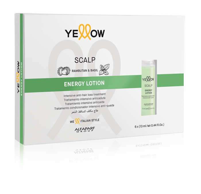 Yellow Professional Scalp Energy Ampoules box containing six 13ml vials, featuring a sleek design with a green ampoule and illustrations of rambutan and basil.