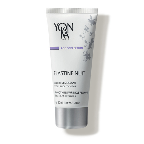 Silver and purple tube of Yon-Ka Paris Skincare Elastine Nuit, a 1.7 oz. smoothing wrinkle remover, featuring floral designs and text highlighting its anti-aging benefits.