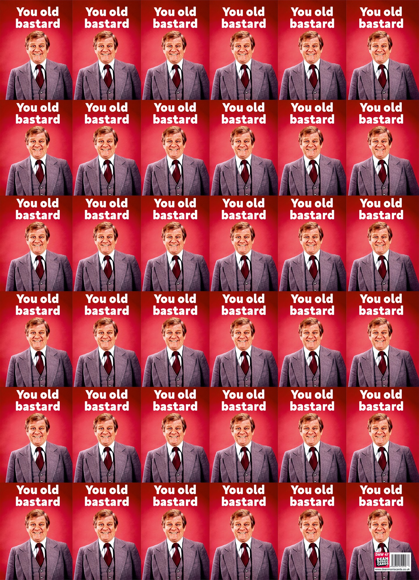 Bright red gift wrap featuring a repeated pattern of the phrase "You old bastard" alongside smiling men in gray suits, creating a humorous and bold design.