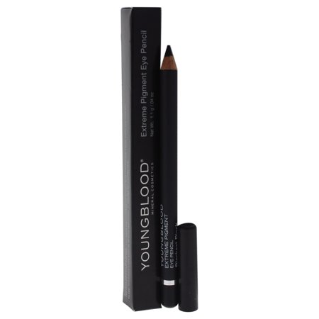 Black eye pencil in a sleek black packaging with the label "YOUNGBLOOD Extreme Pigment Eye Pencil - Blackest Black," featuring a pointed tip for precise application.