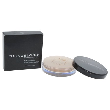 Natural Loose Mineral Foundation in Fawn shade, 0.35 oz, by Youngblood, features a clear jar with a black lid, displayed next to its sleek black box.