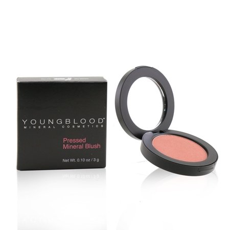 Pressed mineral blush in a compact with a soft pink hue, housed in a sleek black case, alongside its black box packaging, labeled "Youngblood Mineral Cosmetics."