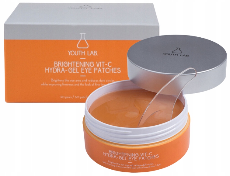 Brightening Vit-C hydro-gel eye patches in a round silver container with orange accents, packaged in a matching box, featuring 30 patches for reducing dark circles and enhancing firmness.