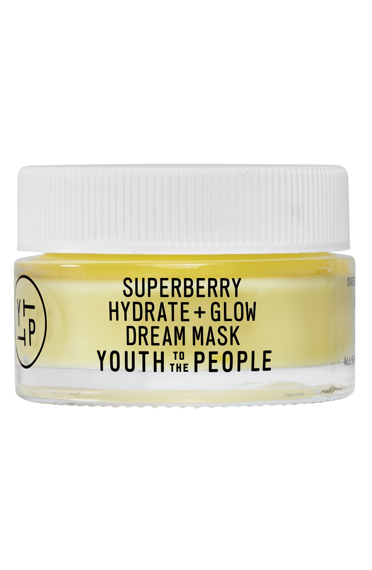 Clear glass jar with a white lid, containing a yellow overnight vitamin C mask labeled "Superberry Hydrate + Glow" by Youth to the People, travel size 0.5oz.