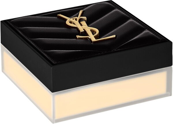 Black quilted box with a gold Yves Saint Laurent logo on top, featuring a transparent base, designed for All Hours Hyper Blur Transparent Fixing Powder.