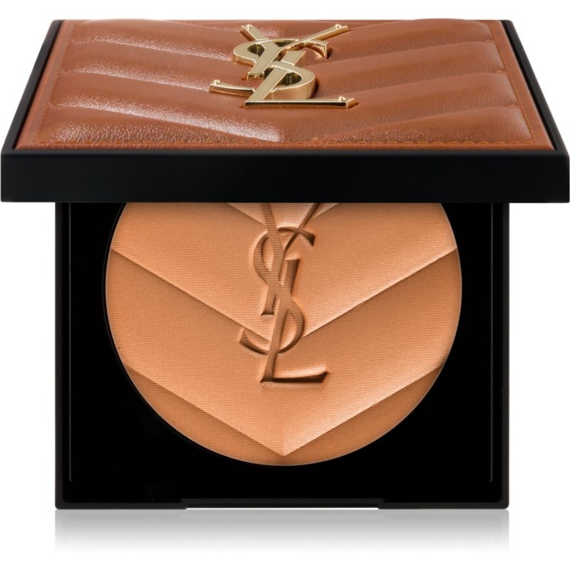 Yves Saint Laurent All Hours bronzer in shade 02 Buff Dune, featuring a quilted brown compact with a gold YSL logo and a chevron-patterned bronzer pan.