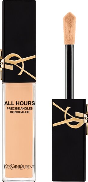 Yves Saint Laurent All Hours Precise Angles Concealer in Nude features a sleek black tube with gold accents and a sponge applicator for precise application.
