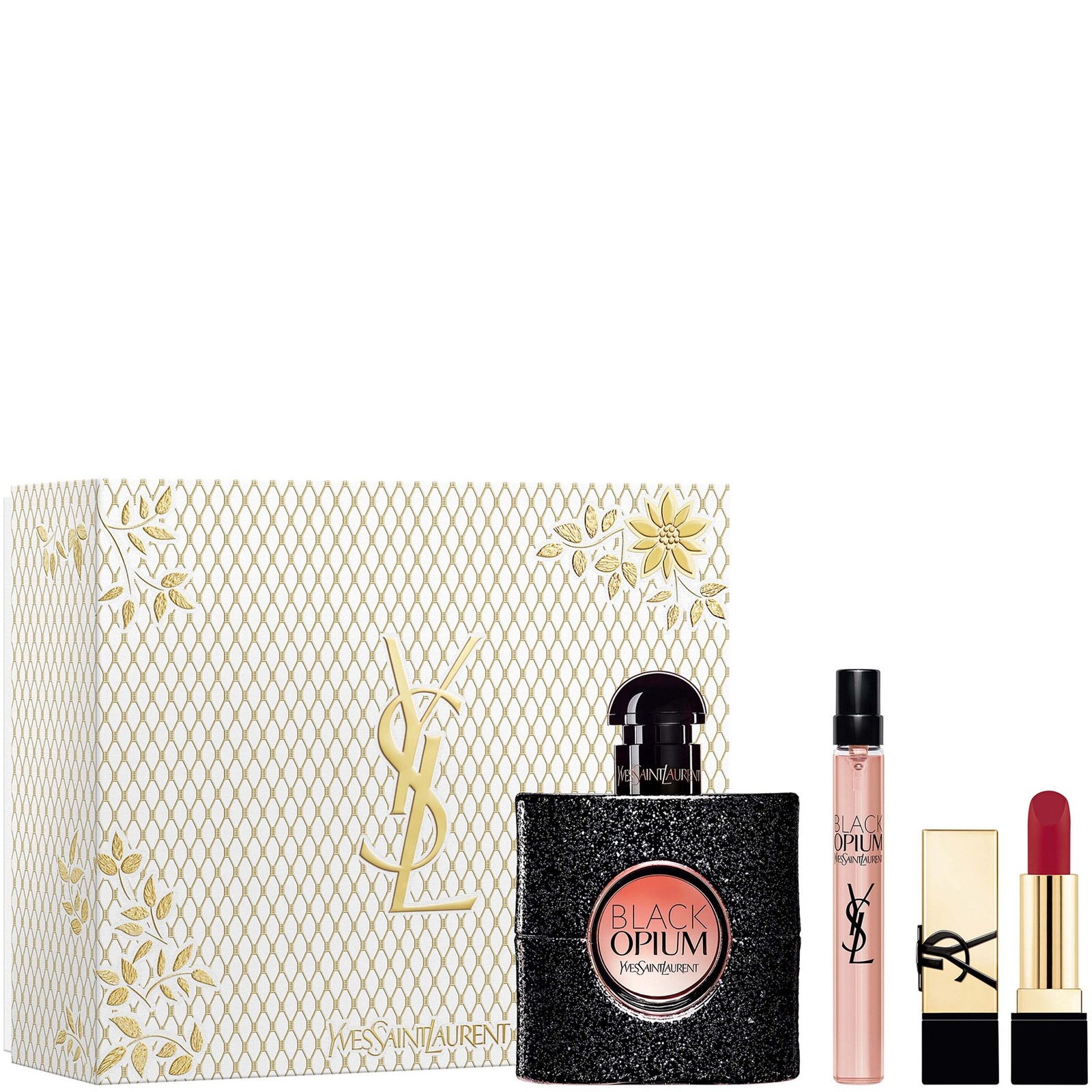 Black Opium gift set featuring a 50ml black glittery EDP bottle, a 10ml EDP spray, and a mini Rouge Pur Couture lipstick in vibrant red, all presented in an elegant gold and white box.