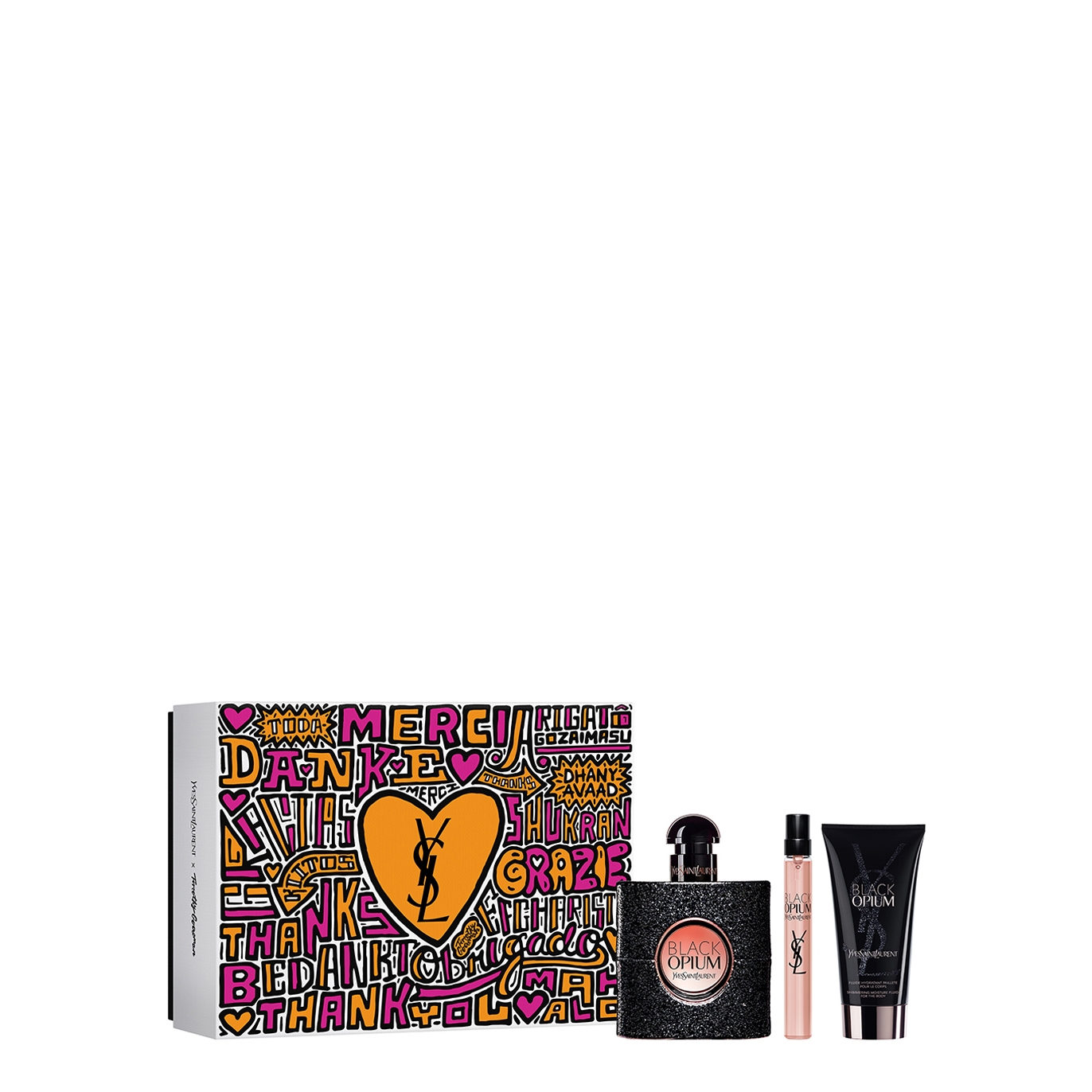 Black Opium Eau De Parfum trio gift set featuring a 50ml black glittery bottle, a travel-sized spray, and a body cream, all presented in a colorful, graphic gift box.