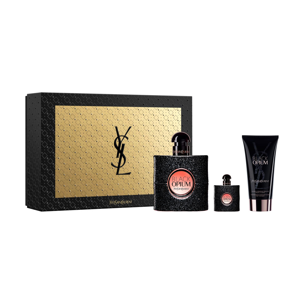 Yves Saint Laurent gift set featuring a 50 ml Black Opium Eau De Parfum bottle with a glittery black design, a 2 ml mascara, and a sleek black box with gold accents.