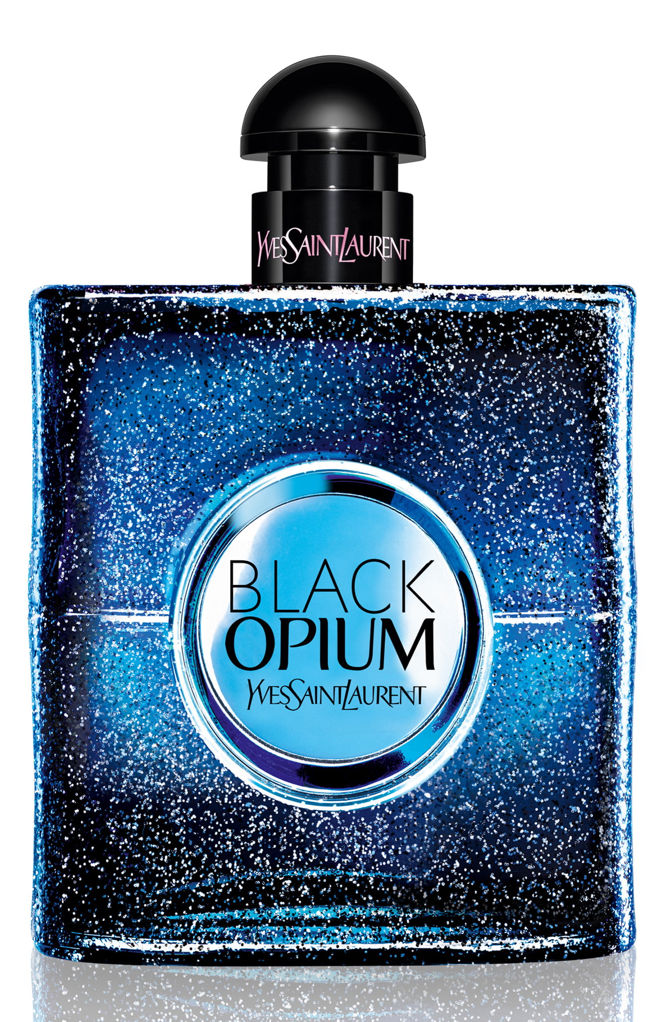 A shimmering blue glass bottle with a round shape, featuring a black cap and a silver circular label that reads "BLACK OPIUM" in bold letters.