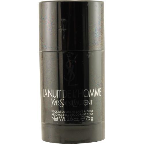 Black cylindrical deodorant stick with a glossy finish, featuring the text "La Nuit De L'homme" and "Yves Saint Laurent" in silver lettering, 75g net weight.