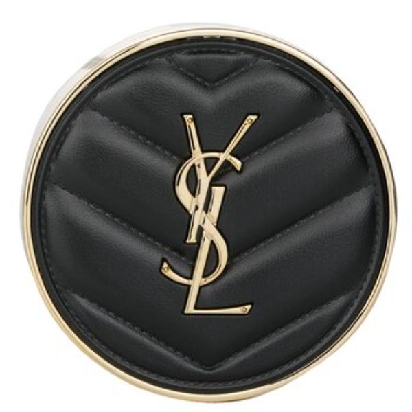 Black quilted compact with a gold YSL logo on the front, featuring a matte and luminous finish for long-lasting flawless coverage in shade variant 10.