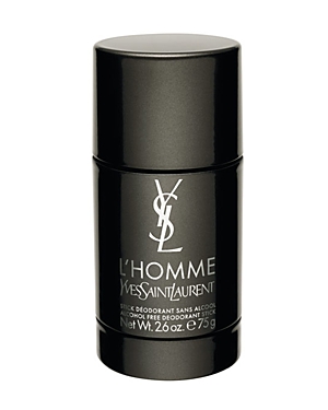 Black cylindrical deodorant stick with a sleek design, featuring white text that reads "L'Homme" and "Yves Saint Laurent," labeled as alcohol-free, 75ml.