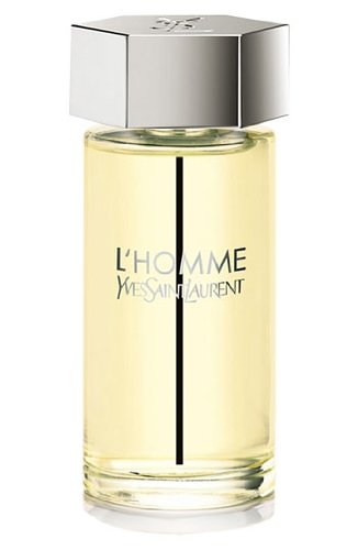 Clear glass bottle with a hexagonal silver cap, featuring a black vertical stripe and the text "L'HOMME YVES SAINT LAURENT" in bold, showcasing the 6.7 oz EDT spray for men.