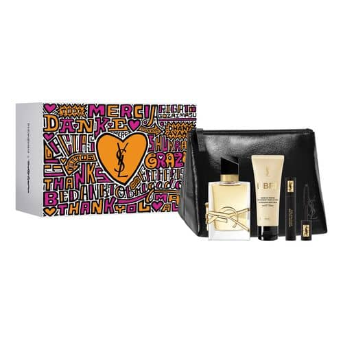 Yves Saint Laurent Libre Eau De Parfum gift set featuring a 50ml bottle, a black cosmetic pouch, a cream, and a mascara, all presented in a colorful box with artistic designs.