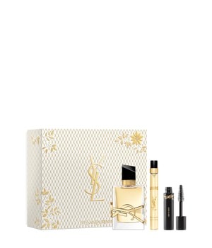 Yves Saint Laurent Libre Eau De Parfum gift set featuring a 50ml glass bottle with a black cap, a travel spray, and a mascara, all presented in a decorative gold and white box.