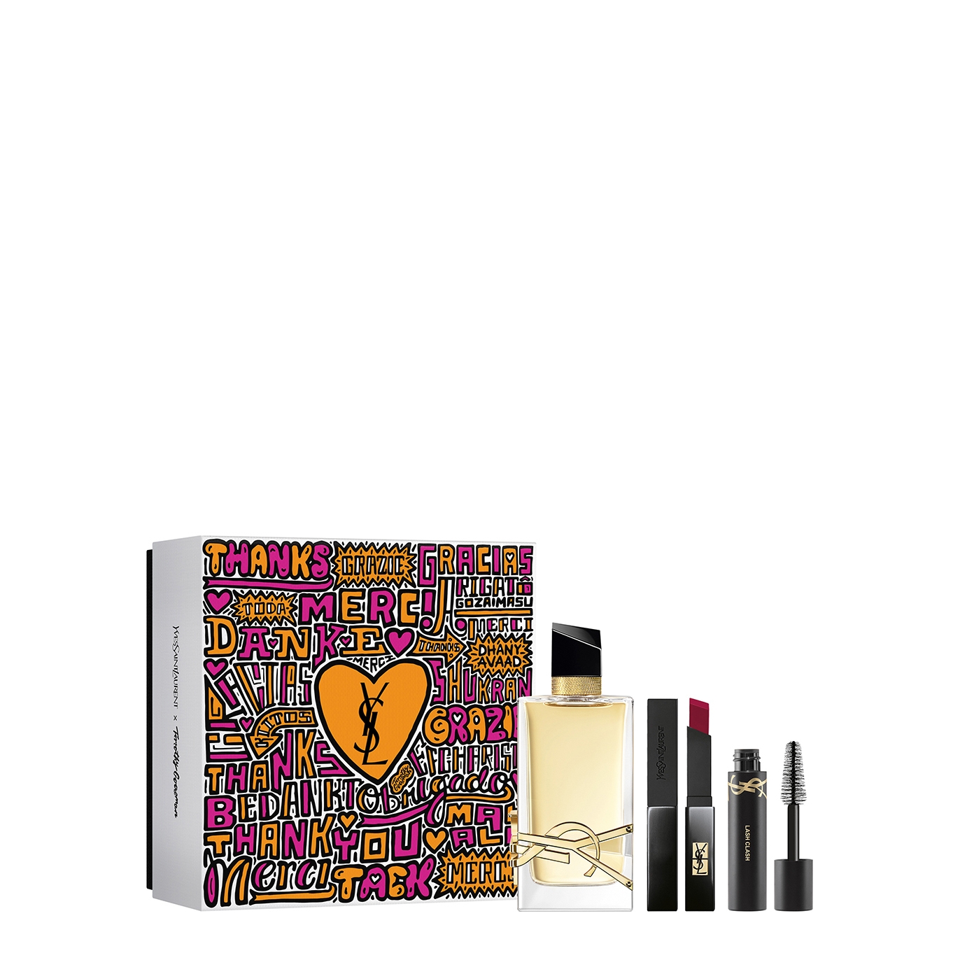 Yves Saint Laurent Libre Eau De Parfum gift set featuring a 90ml bottle, a bold pink lipstick, a black mascara, and a colorful box with vibrant graphics and text.