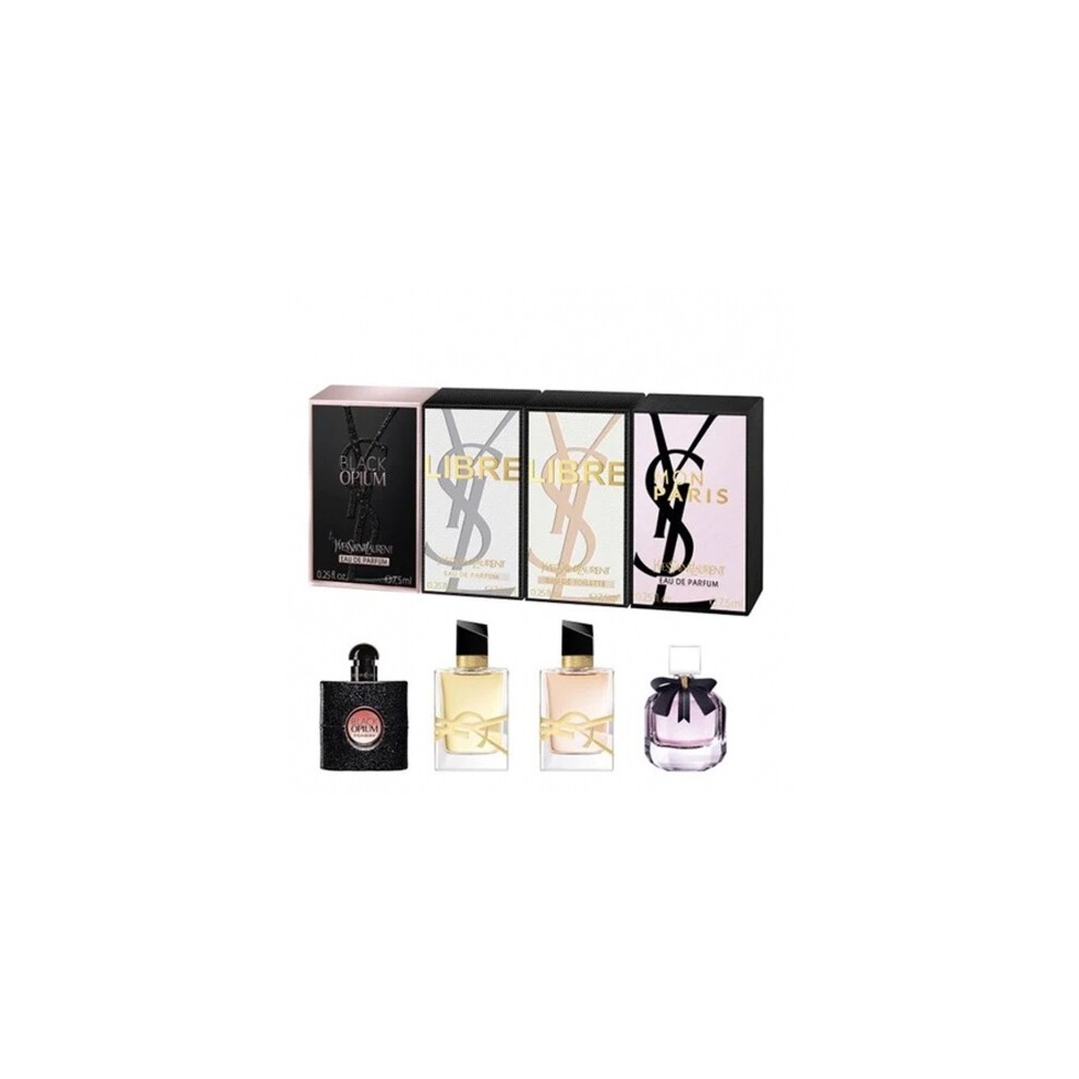 Four miniature perfume bottles in a gift set, featuring sleek glass designs with black and gold accents, presented in a stylish black and gold box with the Yves Saint Laurent logo.