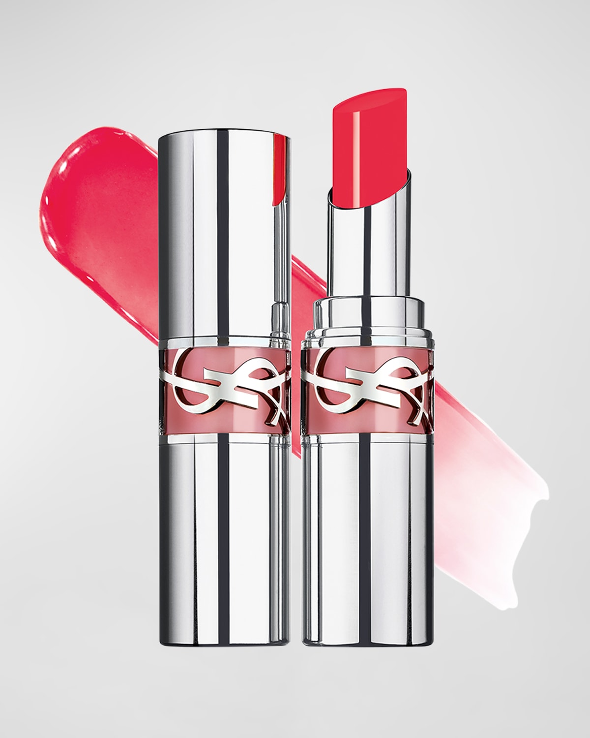 YSL Loveshine Lip Oil Stick in Electric Love features a sleek silver tube with a pink lip product, accompanied by a vibrant pink lip swatch.