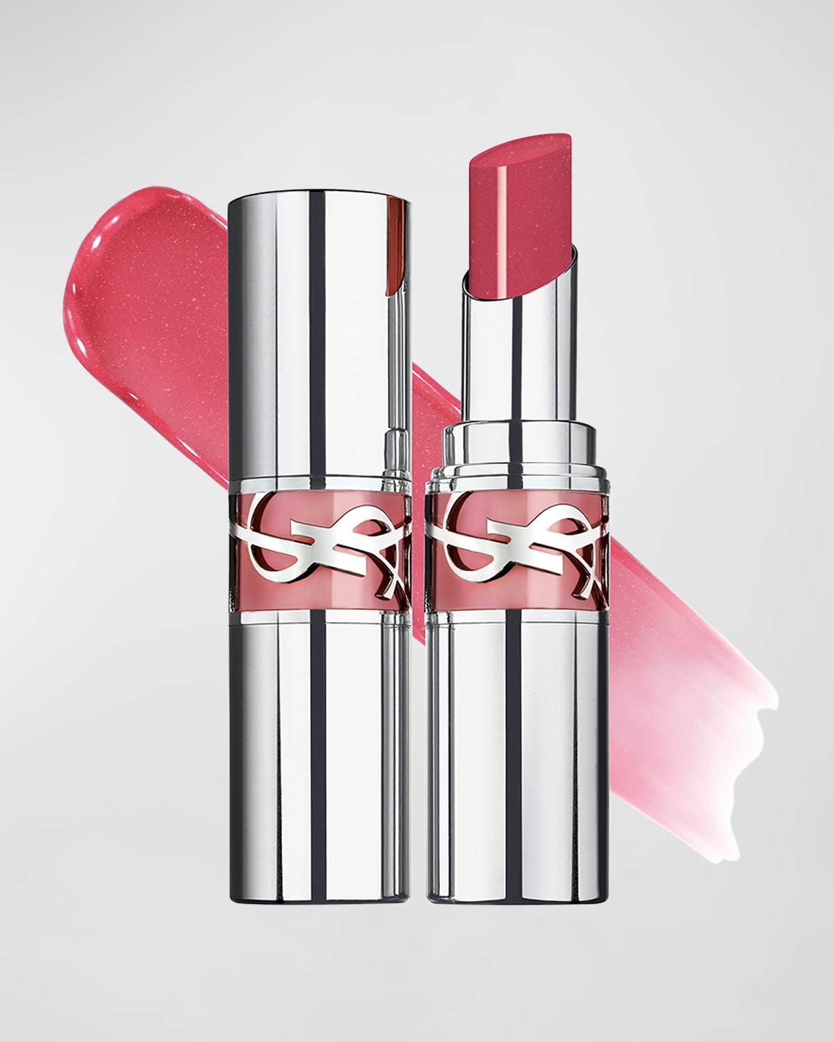 Yves Saint Laurent Loveshine High Shine Lipstick in a sleek silver tube with a pink lipstick bullet, accompanied by a pink lipstick swatch.