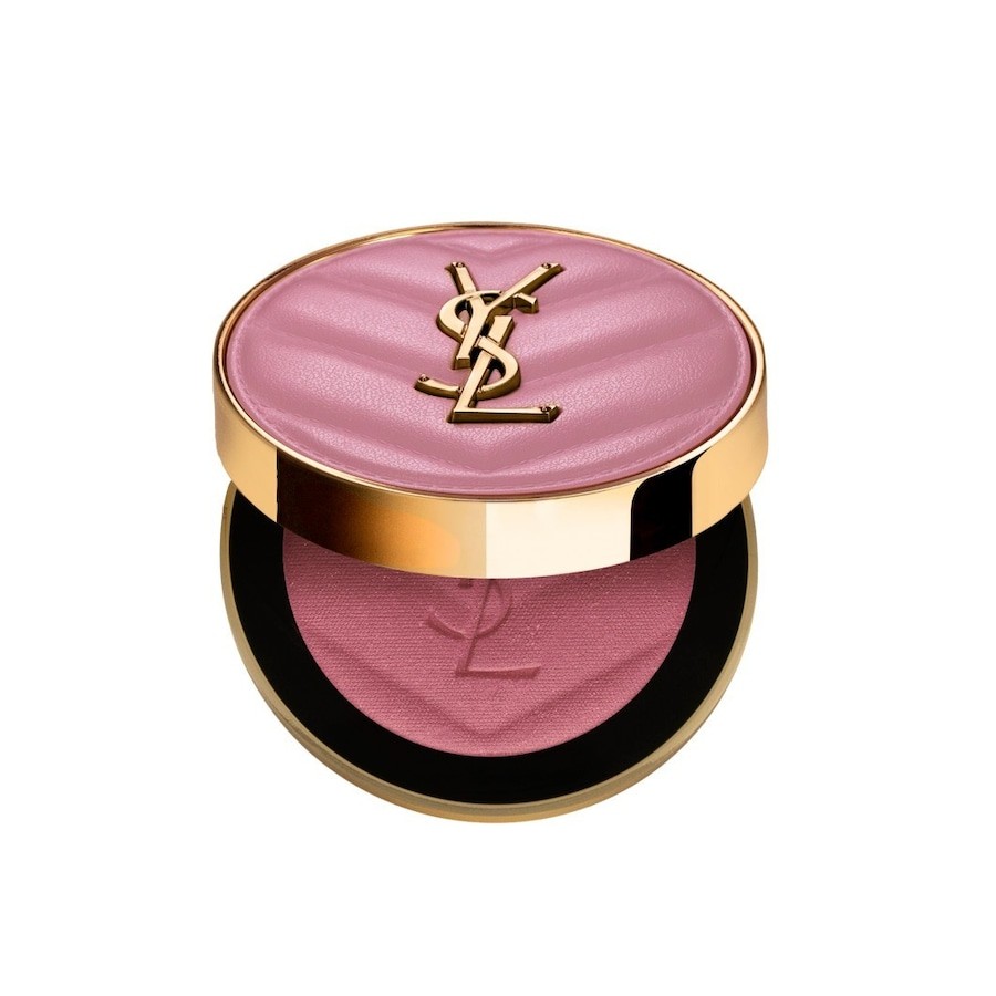 Round compact featuring a gold and black exterior with a textured pink lid, showcasing the YSL logo, and revealing a soft, muted pink blush inside.