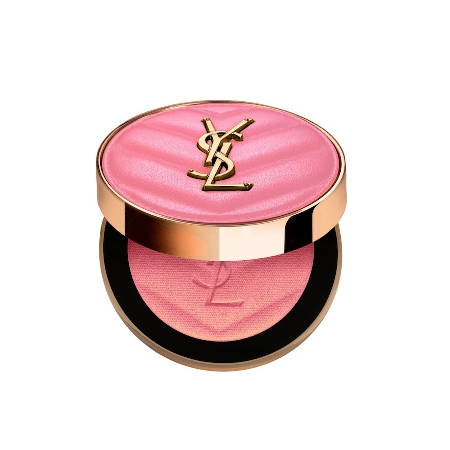 Bold blurring blush compact featuring a pink gradient shade, embossed with the YSL logo on a gold and pink case, labeled "93 Restless Rose."