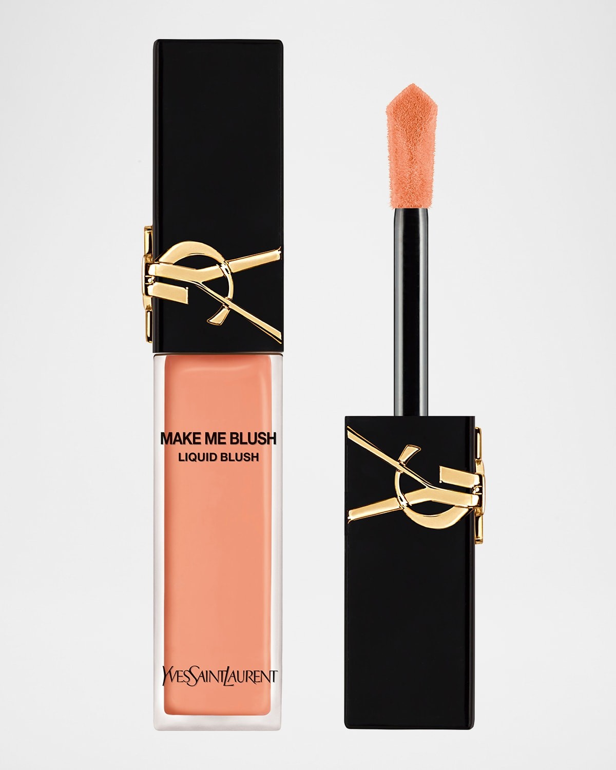 Yves Saint Laurent Make Me Blush Liquid Blush in orange, featuring a sleek black tube with gold logo and a soft applicator wand for easy application.
