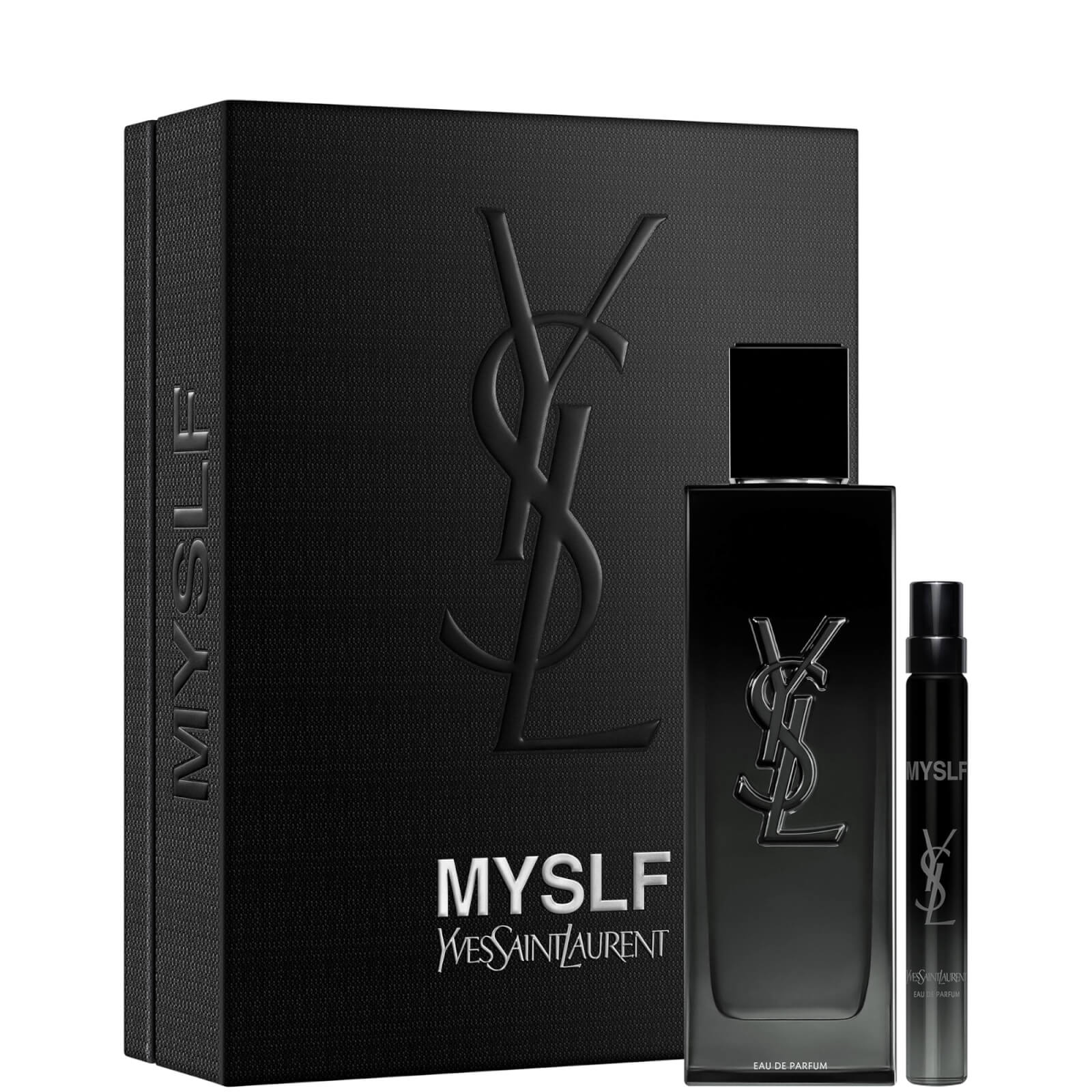 Black box featuring the Yves Saint Laurent MYSLF logo, containing a 100ml EDP bottle with a sleek design and a 10ml travel-sized EDP spray, both elegantly presented.
