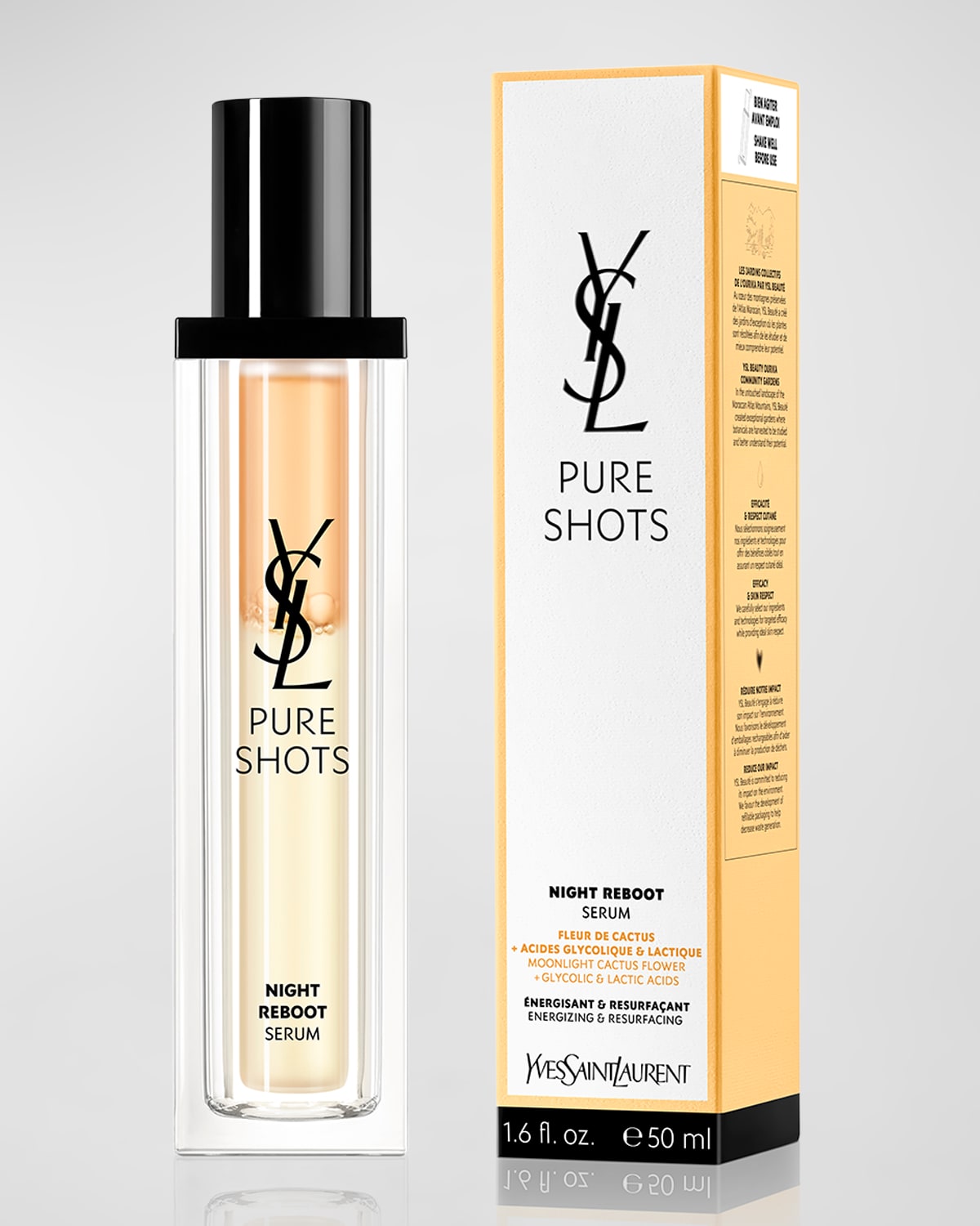 Clear glass bottle with a black pump top, containing a light yellow serum; accompanied by a sleek yellow and white box featuring the Yves Saint Laurent logo and product details.