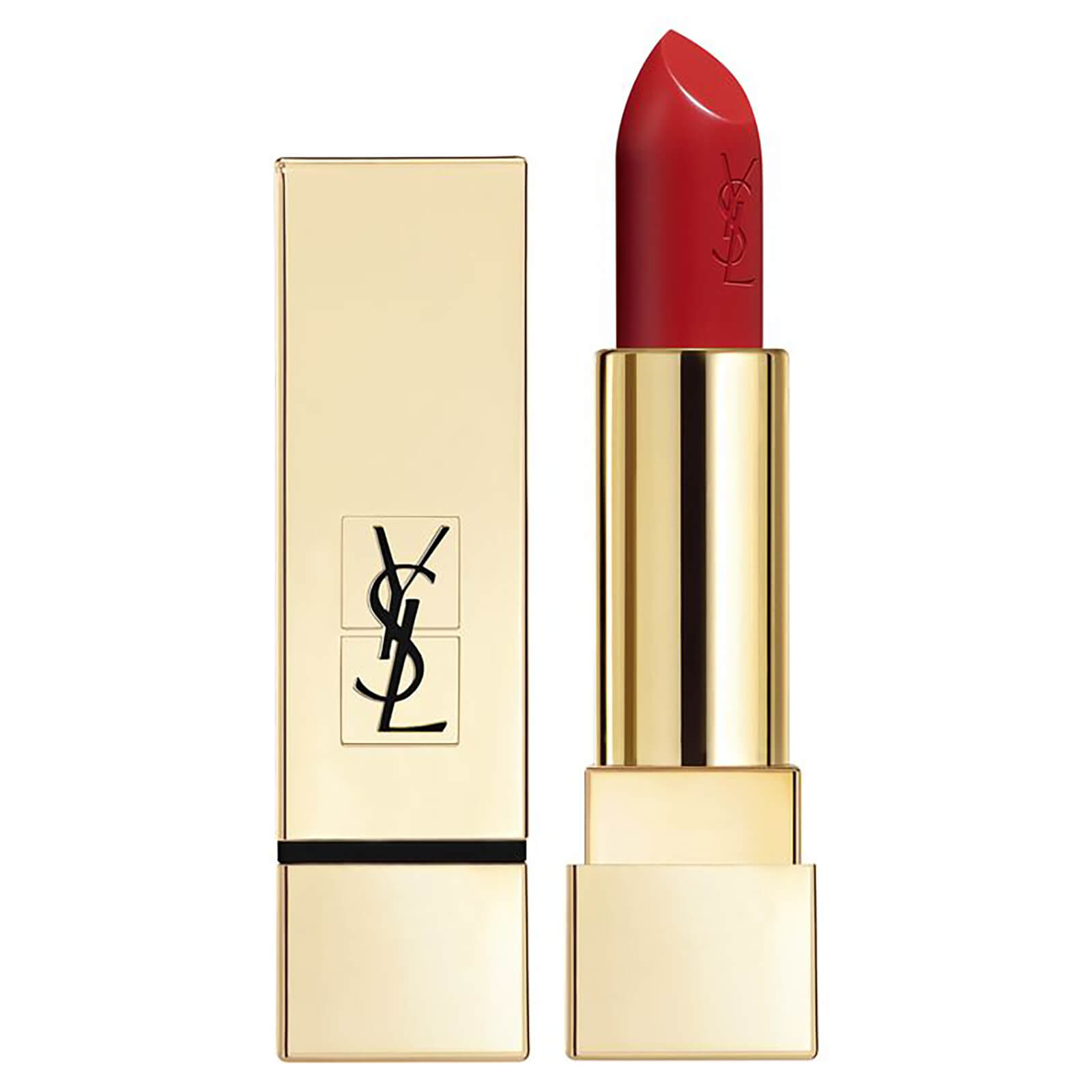 YSL Rouge Pur Couture Lipstick in shade 01 - Le Rouge, featuring a sleek gold tube with a satin-finish red bullet, embossed with the YSL logo.