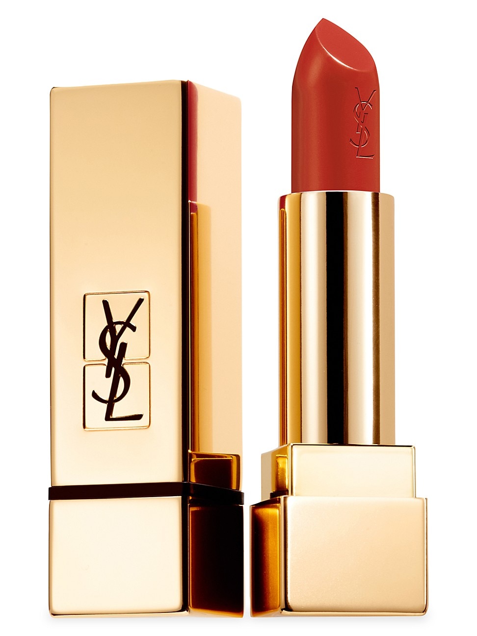 Yves Saint Laurent Rouge Pur Couture Lipstick in shade 154 Orange Fatal, featuring a sleek gold tube with the YSL logo and a rich orange-red bullet.
