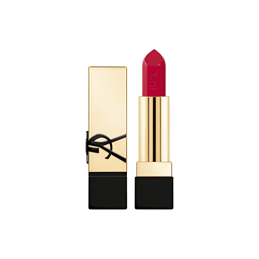 Bright red satin lipstick in a sleek gold and black case featuring the iconic YSL logo and a ribbon detail, labeled "R1966 Rouge Libre."
