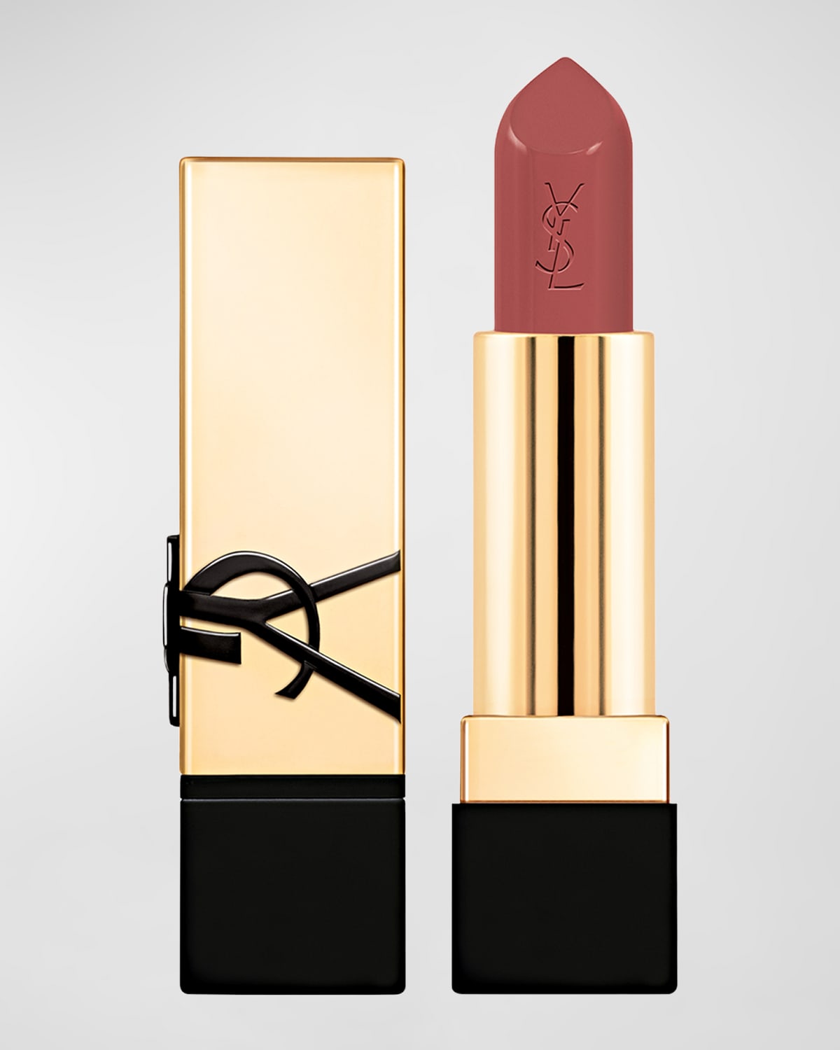 Yves Saint Laurent Rouge Pur Couture Lipstick in a sleek gold and black case, featuring a soft nude shade with the YSL logo embossed on the bullet.