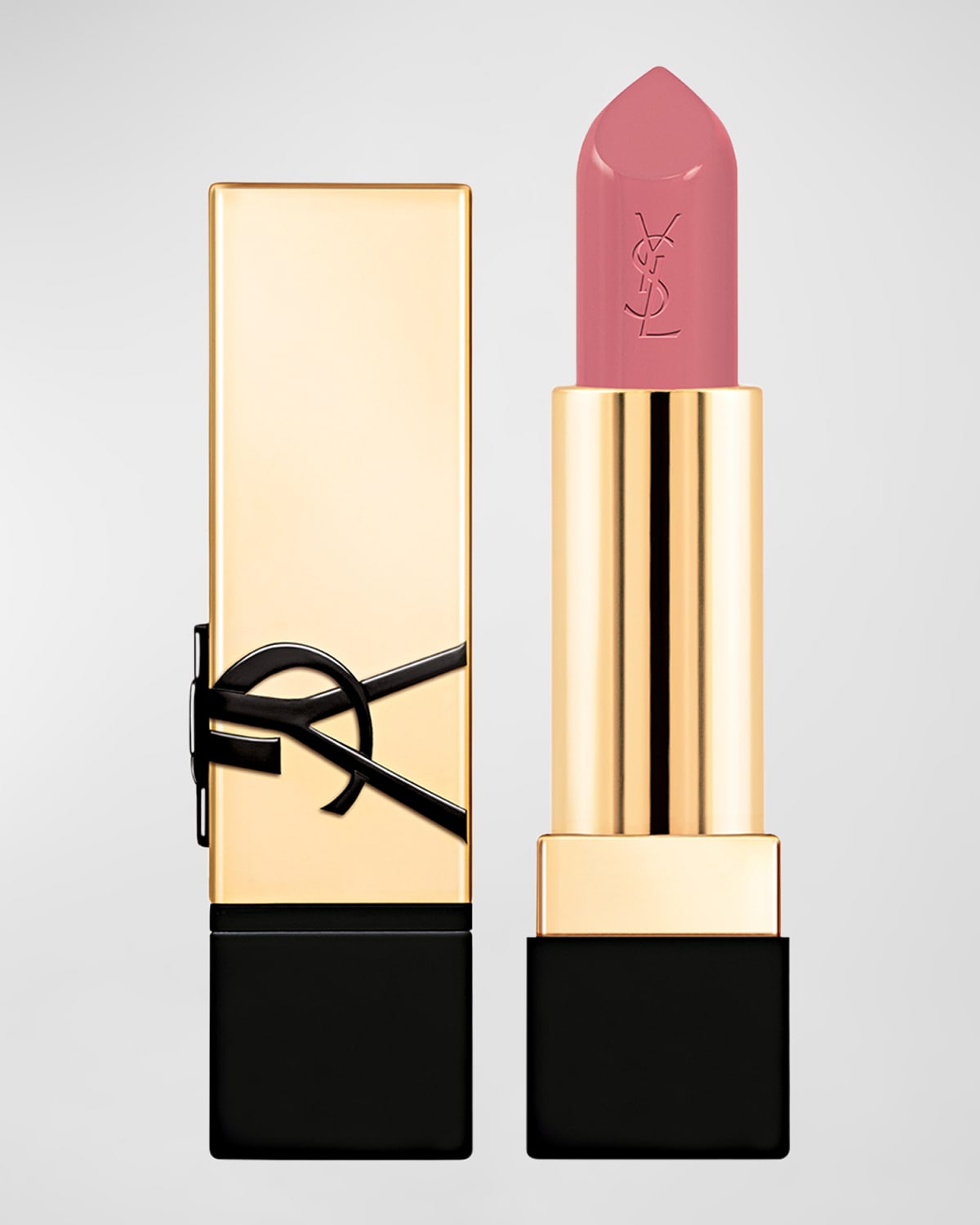 Yves Saint Laurent Rouge Pur Couture Lipstick in a sleek gold and black tube, featuring a soft nude pink bullet embossed with the YSL logo.