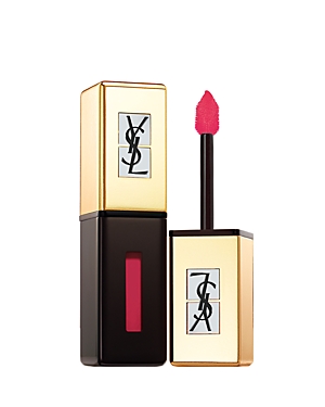 Yves Saint Laurent Vernis a Levres Pop Water in shade 204 features a sleek gold and black tube with a vibrant pink applicator and a glossy finish.