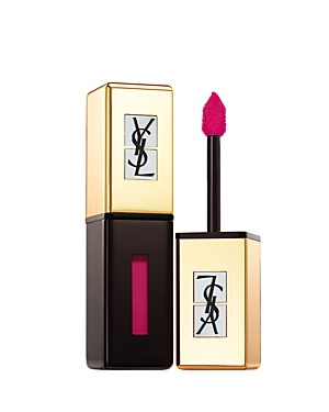 YSL Pop Water Glossy Stain in Misty Pink 206 features a sleek gold and black tube with a vibrant pink applicator and a glossy finish, ideal for a bold lip look.