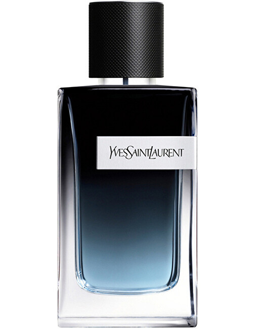Clear glass bottle with a gradient from dark blue to transparent, featuring a black cap and a silver label displaying "Yves Saint Laurent."