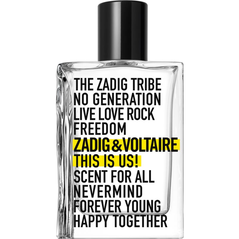 Clear glass bottle with a black cap, featuring bold black and yellow text on the front, showcasing the fragrance name "This Is Us!" by Zadig & Voltaire.