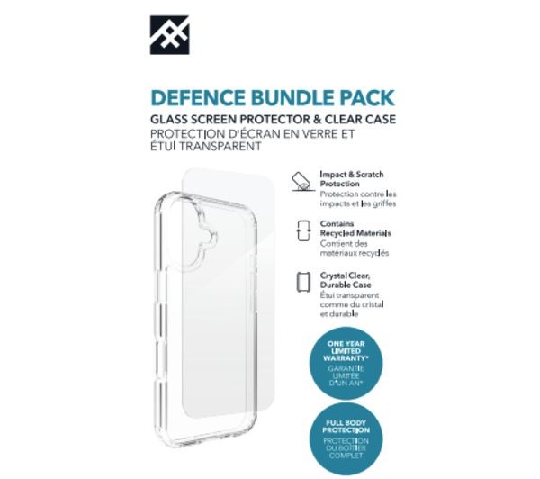 Clear, durable case and glass screen protector bundle by Zagg, featuring scratch protection, recycled materials, and a one-year warranty, with a sleek, transparent design.